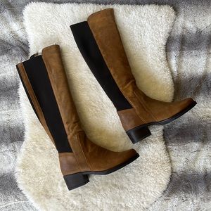 ALDO "Rimessa" Camel Brown Sueded Tall Boots with Chocolate Brown Elastic